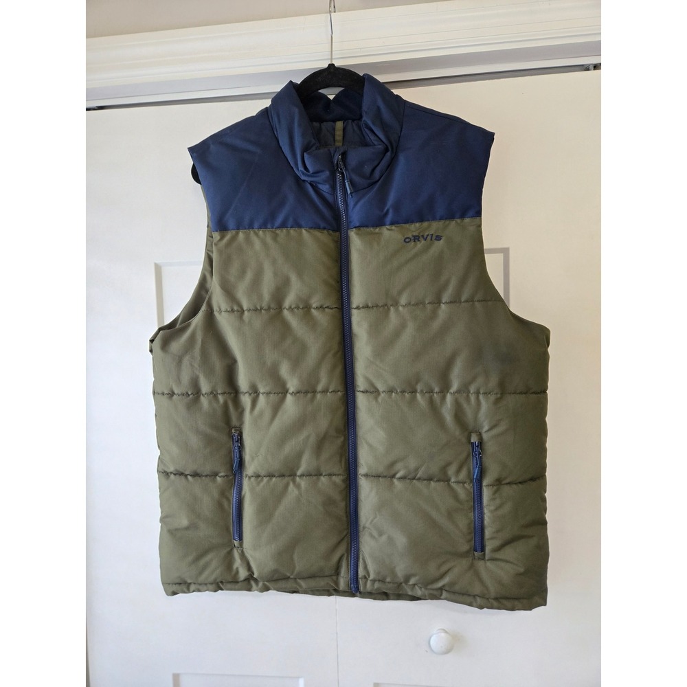 Orvis Mens Classic Collection Puffer Vest Olive Green Navy Blue Large Ripstop